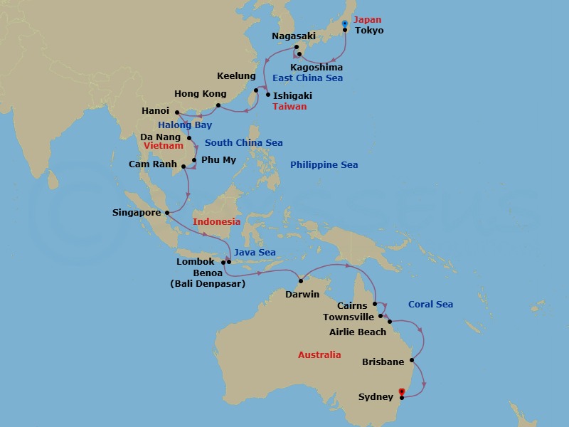 37 Night - Circle Pacific Liner (Tokyo to Sydney) - Grand Princess - Starting in Tokyo, Japan, Kagoshima, Japan, Nagasaki, Japan, Ishigaki, Japan, Taipei (Keelung), Hong Kong, Halong Bay / Hanoi (Cai Lan), Vietnam, Scenic Cruising Halong Bay, Da Nang / Hue (Chan May), Vietnam, Cam Ranh (Nha Trang), Vietnam, Ho Chi Minh City (Phu My), Vietnam, Singapore, Lombok, Indonesia, Bali (Benoa), Indonesia, Darwin, Australia, Cairns, Australia, Townsville, Australia, Airlie Beach, Australia, Brisbane, Australia, Sydney AU itinerary map