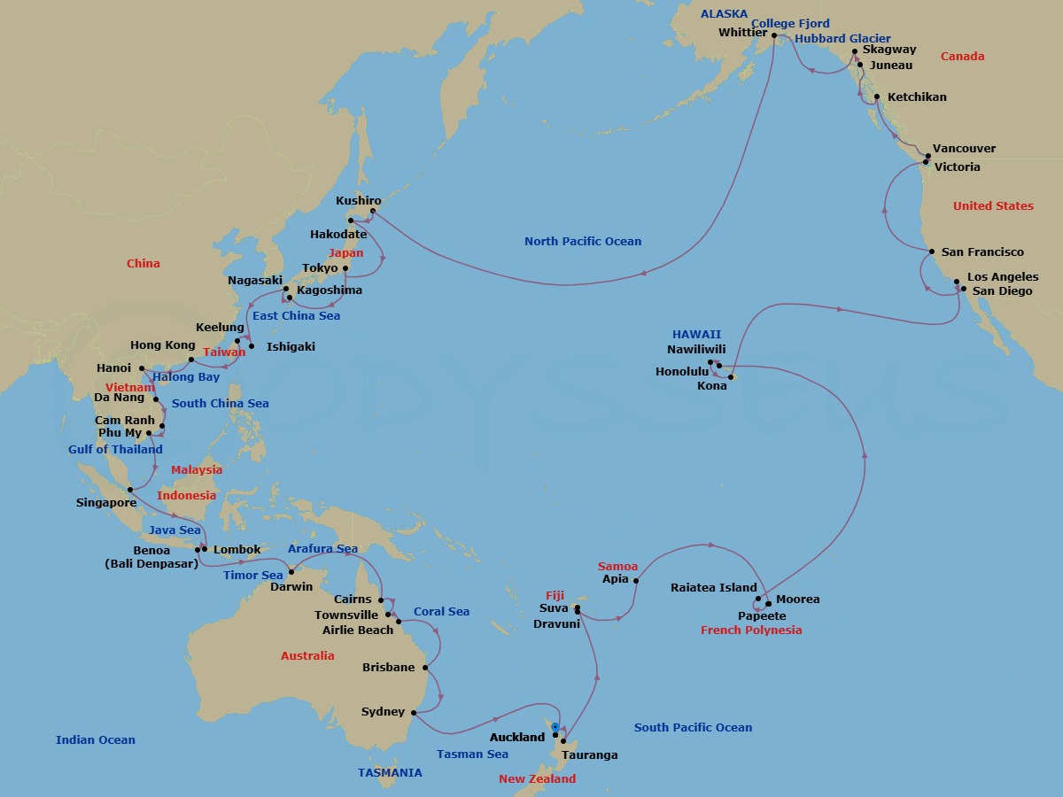 93 Night - Circle Pacific (Roundtrip Auckland) - Grand Princess - Starting in Auckland, New Zealand, Tauranga, New Zealand, Suva, Fiji, Dravuni Island, Fiji, Apia, Western Samoa, Cross International Date Line, Tahiti (Papeete), French Polynesia, Moorea, French Polynesia, Raiatea, French Polynesia, Honolulu, Hawaii, Kauai (Nawiliwili), Hawaii, Kona, Hawaii, Los Angeles, California, San Diego, California, San Francisco, California, Victoria CA, Vancouver, Canada, Ketchikan, Alaska, Juneau, Alaska, Skagway, Alaska, Hubbard Glacier (Scenic Cruising), Alaska, College Fjord (Scenic Cruising), Alaska, Anchorage (Whittier), Alaska, Cross International Date Line, Kushiro, Japan, Hakodate, Japan, Tokyo, Japan, Kagoshima, Japan, Nagasaki, Japan, Ishigaki, Japan, Taipei (Keelung), Hong Kong, Halong Bay / Hanoi (Cai Lan), Vietnam, Scenic Cruising Halong Bay, Da Nang / Hue (Chan May), Vietnam, Cam Ranh (Nha Trang), Vietnam, Ho Chi Minh City (Phu My), Vietnam, Singapore, Lombok, Indonesia, Bali (Benoa), Indonesia, Darwin, Australia, Cairns, Australia, Townsville, Australia, Airlie Beach, Australia, Brisbane, Australia, Sydney AU, Auckland, New Zealand itinerary map