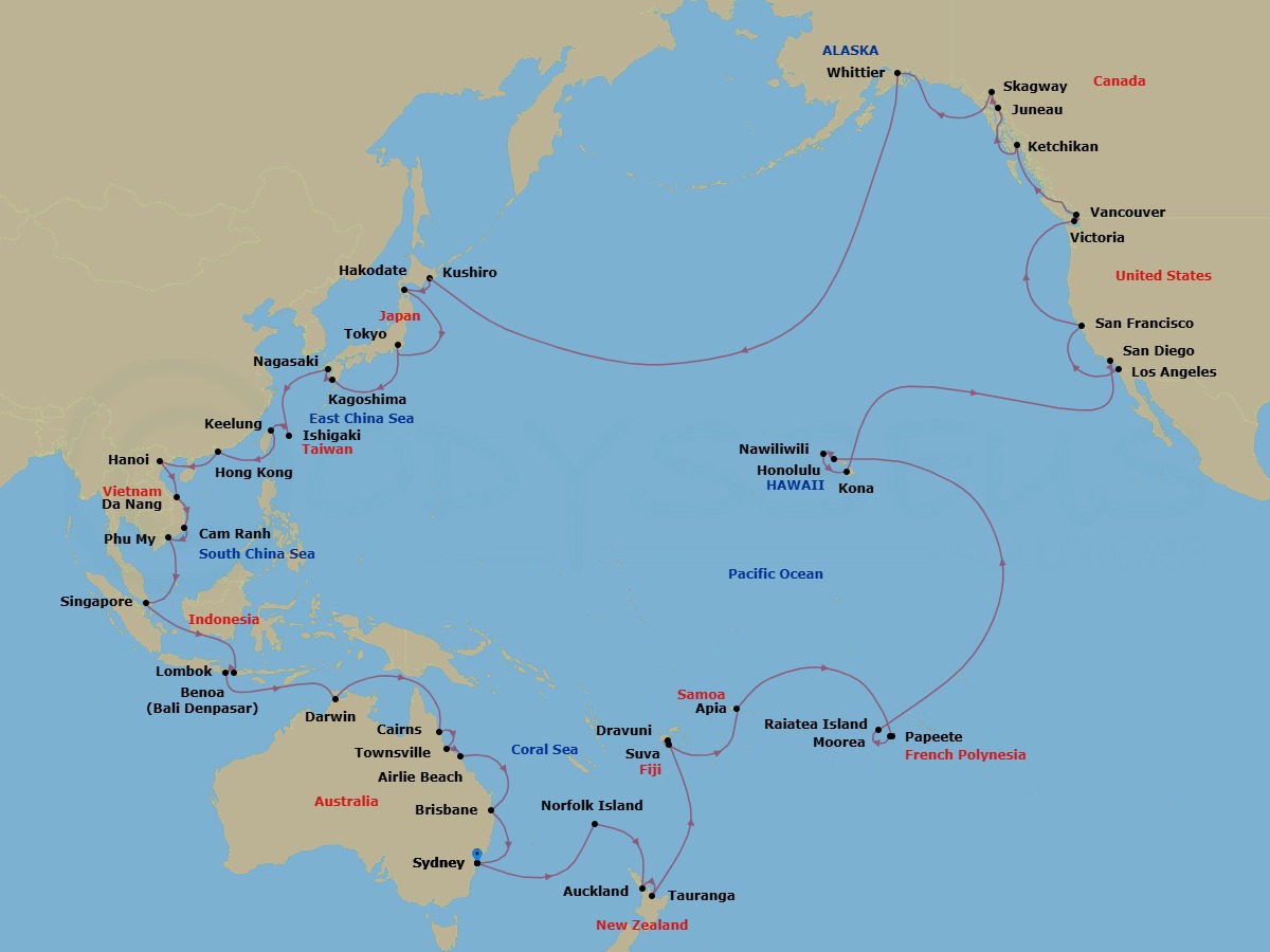 94 Night - Circle Pacific (Roundtrip Sydney) - Grand Princess - Starting in Sydney AU, Norfolk Island, Australia, Auckland, New Zealand, Tauranga, New Zealand, Suva, Fiji, Dravuni Island, Fiji, Apia, Western Samoa, Cross International Date Line, Tahiti (Papeete), French Polynesia, Moorea, French Polynesia, Raiatea, French Polynesia, Honolulu, Hawaii, Kauai (Nawiliwili), Hawaii, Kona, Hawaii, Los Angeles, California, San Diego, California, San Francisco, California, Victoria CA, Vancouver, Canada, Ketchikan, Alaska, Juneau, Alaska, Skagway, Alaska, Hubbard Glacier (Scenic Cruising), Alaska, College Fjord (Scenic Cruising), Alaska, Anchorage (Whittier), Alaska, Cross International Date Line, Kushiro, Japan, Hakodate, Japan, Tokyo, Japan, Kagoshima, Japan, Nagasaki, Japan, Ishigaki, Japan, Taipei (Keelung), Hong Kong, Halong Bay / Hanoi (Cai Lan), Vietnam, Scenic Cruising Halong Bay, Da Nang / Hue (Chan May), Vietnam, Cam Ranh (Nha Trang), Vietnam, Ho Chi Minh City (Phu My), Vietnam, Singapore, Lombok, Indonesia, Bali (Benoa), Indonesia, Darwin, Australia, Cairns, Australia, Townsville, Australia, Airlie Beach, Australia, Brisbane, Australia, Sydney AU itinerary map
