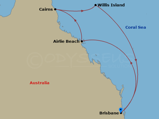 7 Night - Queensland with Great Barrier Reef - Grand Princess - Starting in Brisbane, Australia, Airlie Beach, Australia, Cairns, Australia, Willis Island, Australia, Brisbane, Australia itinerary map