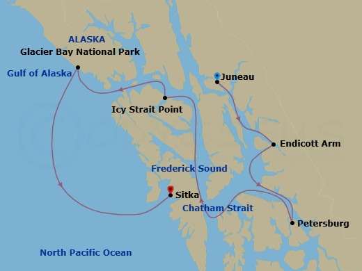 7 Night - Alaska's Inside Passage - National Geographic Quest - Starting in Juneau, Alaska / Embark Ship, Endicott Arm, Petersburg, Frederick Sound and Chatham Strait, Icy Strait and the Inian Islands, Glacier Bay National Park, Southeast Alaskas Islands, Bays and Fjords, Sitka / Disembark Ship itinerary map