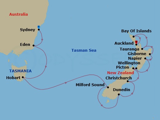 16 Night - Australia & New Zealand Cruise : Sydney, Wellington & Auckland - Azamara Pursuit - Starting in Sydney AU, Eden, Hobart, Tasmania, Milford Sound, Dunedin, Christchurch, Picton, Wellington, Napier, Gisborne, Tauranga, Bay of Islands, Auckland itinerary map