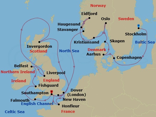23 Night - Northern Europe from Stockholm to Southampton - Silver Spirit - Starting in Stockholm, Copenhagen, Aarhus, Skagen, Oslo, Kristiansand, Haugesund, Eidfjord, Stavanger, Southampton, Falmouth, Fishguard, Belfast, Liverpool, Invergordon, United Kingdom, Newhaven (Edinburgh), Dover UK, Honfleur, Southampton itinerary map
