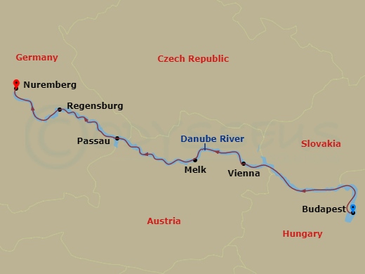 7 Night - Iconic Christmas Markets - AmaVerde - Starting in Budapest, Vienna, Melk, Passau, Regensburg, Nuremberg itinerary map