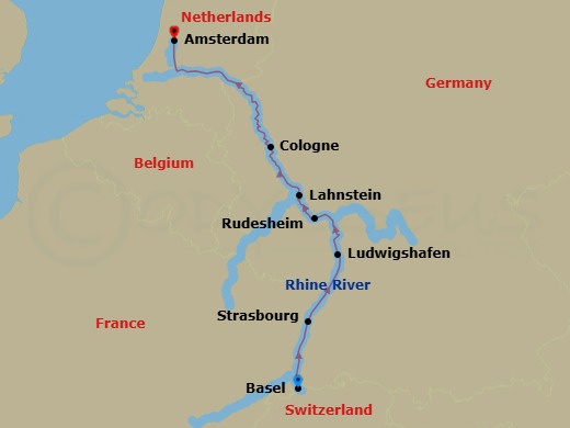 7 Night - Swiss Alps & Rhine Castles - AmaVenita - Starting in Basel, Strasbourg, Ludwigshafen, Rudesheim, Lahnstein, Cologne, Amsterdam itinerary map