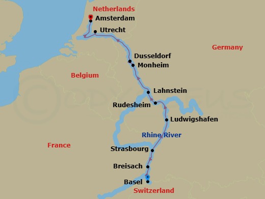 7 Night - Christmas Markets On the Rhine - AmaViola - Starting in Basel, Breisach, Strasbourg, Ludwigshafen, Rudesheim, Lahnstein, Dusseldorf, Monheim, Dusseldorf, Utrecht, Amsterdam itinerary map