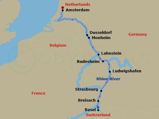 7 Night - Enchanting Rhine (Latin Touch) - AmaSofia - Starting in Basel, Breisach, Strasbourg, Ludwigshafen, Rudesheim, Lahnstein, Monheim, Dusseldorf, Amsterdam itinerary map