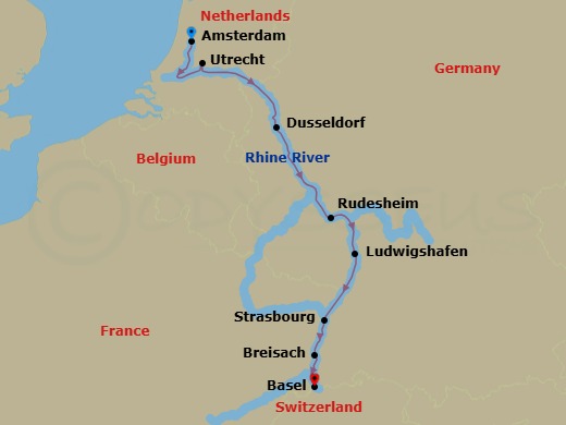 7 Night - Captivating Rhine (Smithsonian Journeys) - AmaSofia - Starting in Amsterdam, Utrecht, Dusseldorf, Rudesheim, Ludwigshafen, Strasbourg, Breisach, Basel itinerary map