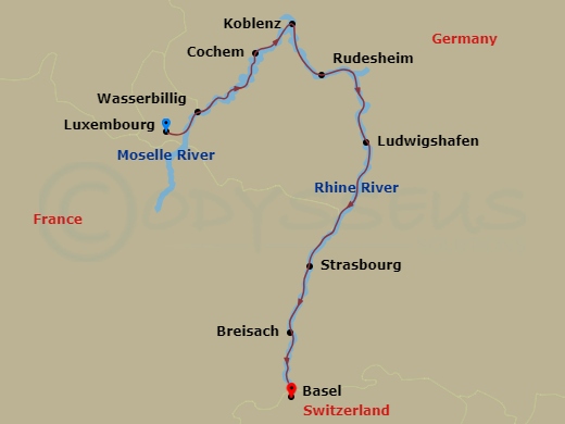 7 Night - Rhine & Moselle Splendors - AmaPrima - Starting in Luxembourg, Wasserbillig, Cochem, Koblenz, Rudesheim, Ludwigshafen, Strasbourg, Breisach, Basel itinerary map
