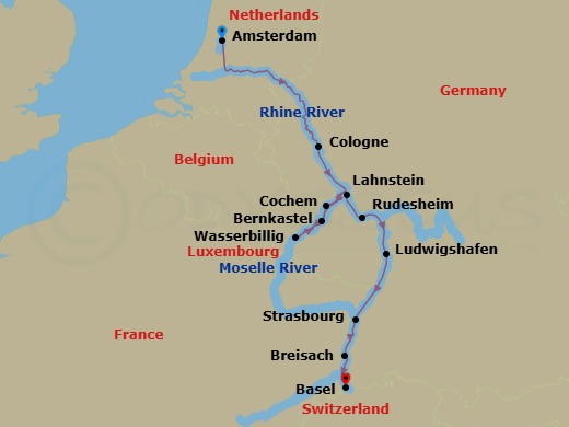 11 Night - Rhine & Moselle Fairytales - AmaCerto - Starting in Amsterdam, Cologne, Lahnstein, Cochem, Wasserbillig, Bernkastel, Rudesheim, Ludwigshafen, Strasbourg, Breisach, Basel itinerary map
