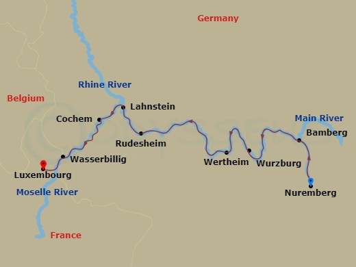 7 Night - Europe's Rivers & Castles - AmaPrima - Starting in Nuremberg, Bamberg, Wurzburg, Wertheim, Rudesheim, Lahnstein, Cochem, Wasserbillig, Luxembourg itinerary map