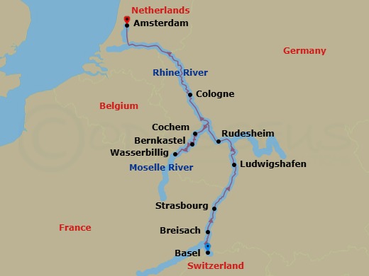 10 Night - Rhine & Moselle Delights - AmaCerto - Starting in Basel, Breisach, Strasbourg, Ludwigshafen, Rudesheim, Bernkastel, Wasserbillig, Cochem, Cologne, Amsterdam itinerary map