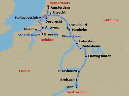 14 Night - Grand Rhine & Dutch Canals - AmaSofia - Starting in Basel, Breisach, Strasbourg, Ludwigshafen, Rudesheim, Lahnstein, Monheim, Dusseldorf, Utrecht, Amsterdam, Utrecht, Hellevoetsluis, Ghent, Brussels, Antwerp, Dordrecht, Amsterdam itinerary map