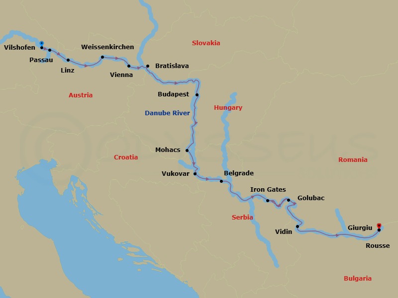 14 Night - Grand Danube Cruise - AmaBella - Starting in Vilshofen, Passau, Linz, Weissenkirchen, Vienna, Bratislava, Budapest, Mohacs, Vukovar, Belgrade, Iron Gates, Golubac, Vidin, Rousse, Giurgiu itinerary map