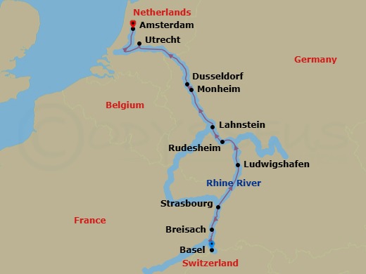 7 Night - Enchanting Rhine (Wine Cruise) - AmaViola - Starting in Basel, Breisach, Strasbourg, Ludwigshafen, Rudesheim, Lahnstein, Monheim, Dusseldorf, Utrecht, Amsterdam itinerary map