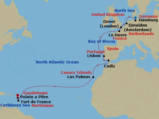 18 Night - Transatlantic from Hamburg - Costa Favolosa - Starting in Hamburg, Germany, Amsterdam / Ijmuiden, Netherlands, Dover UK, England, Le Havre, France, Lisbon, Portugal, Cadiz, Spain, Las Palmas, Canary Islands, Martinique (Antilles), Guadeloupe (Antilles) itinerary map