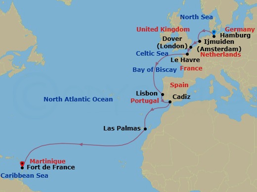 17 Night - Transatlantic from Hamburg - Costa Favolosa - Starting in Hamburg, Germany, Amsterdam / Ijmuiden, Netherlands, Dover UK, England, Le Havre, France, Lisbon, Portugal, Cadiz, Spain, Las Palmas, Canary Islands, Martinique (Antilles) itinerary map