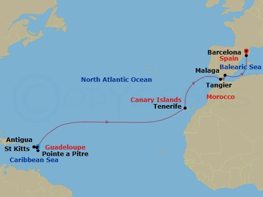 14 Night - Transatlantic from Pointe a Pitre - Costa Favolosa - Starting in Guadeloupe (Antilles), St Kitts (Antilles), Antigua (Antilles), Santa Cruz / Tenerife, Tangier, Morocco, Malaga, Spain, Barcelona, Spain itinerary map