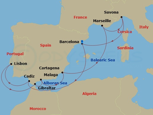 12 Night - Western Mediterranean from Barcelona - Costa Diadema - Starting in Barcelona, Spain, Cadiz, Spain, Lisbon, Portugal, Gibraltar (UK), Malaga, Spain, Cartagena ES, Spain, Marseille, France, Savona, Italy, Barcelona, Spain itinerary map
