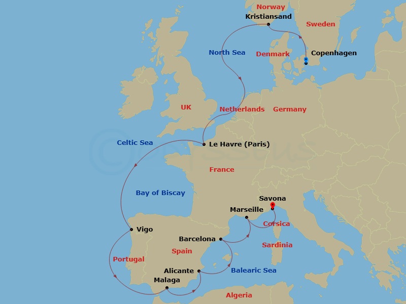 11 Night - Transatlantic from Copenhagen - Costa Diadema - Starting in Copenhagen, Denmark, Kristiansand, Norway, Le Havre, France, Vigo, Spain, Malaga, Spain, Alicante, Spain, Barcelona, Spain, Marseille, France, Savona, Italy itinerary map