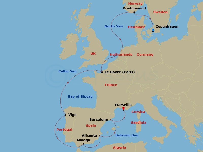 10 Night - Transatlantic from Copenhagen - Costa Diadema - Starting in Copenhagen, Denmark, Kristiansand, Norway, Le Havre, France, Vigo, Spain, Malaga, Spain, Alicante, Spain, Barcelona, Spain, Marseille, France itinerary map