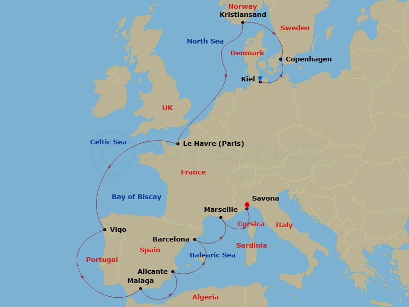 12 Night - Transatlantic from Kiel - Costa Diadema - Starting in Kiel, Germany, Copenhagen, Denmark, Kristiansand, Norway, Le Havre, France, Vigo, Spain, Malaga, Spain, Alicante, Spain, Barcelona, Spain, Marseille, France, Savona, Italy itinerary map