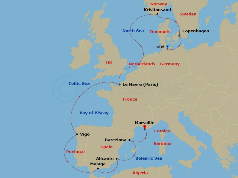 11 Night - Transatlantic from Kiel - Costa Diadema - Starting in Kiel, Germany, Copenhagen, Denmark, Kristiansand, Norway, Le Havre, France, Vigo, Spain, Malaga, Spain, Alicante, Spain, Barcelona, Spain, Marseille, France itinerary map