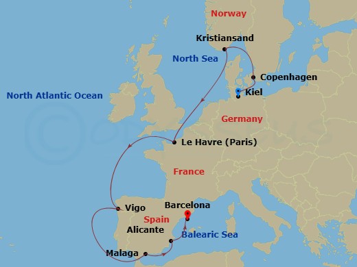 10 Night - Transatlantic from Kiel - Costa Diadema - Starting in Kiel, Germany, Copenhagen, Denmark, Kristiansand, Norway, Le Havre, France, Vigo, Spain, Malaga, Spain, Alicante, Spain, Barcelona, Spain itinerary map