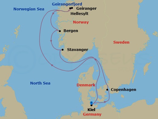 7 Night - North Europe from Kiel - Costa Diadema - Starting in Kiel, Germany, Copenhagen, Denmark, Hellesylt, Norway, Geiranger fjord, Geiranger, Norway, Bergen, Norway, Norwegian sea, Stavanger, Norway, Kiel, Germany itinerary map