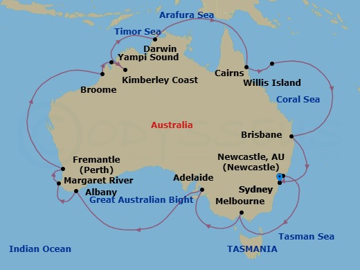 28 Night - Round Australia - Grand Princess - Starting in Sydney AU, Newcastle AU, Melbourne, Australia, Adelaide, Australia, Albany AU, Margaret River (Busselton), Australia, Perth (Fremantle), Australia, Broome, Australia, Yampi Sound (Scenic Cruising), Kimberley Coast (Scenic Cruising), Australia, Darwin, Australia, Cairns, Australia, Willis Island, Australia, Brisbane, Australia, Sydney AU itinerary map