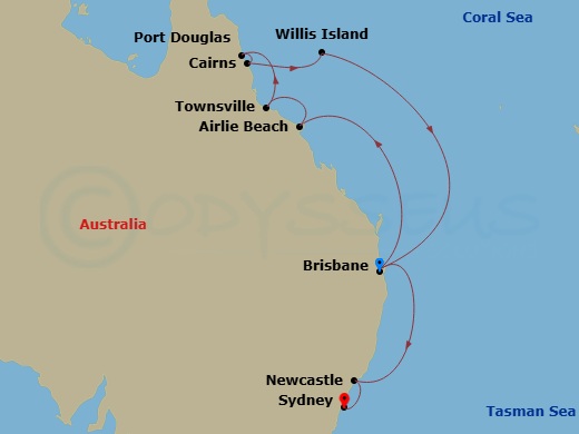 12 Night - Queensland with Great Barrier Reef - Grand Princess - Starting in Brisbane, Australia, Airlie Beach, Australia, Townsville, Australia, Port Douglas, Australia, Cairns, Australia, Willis Island, Australia, Brisbane, Australia, Newcastle AU, Sydney AU itinerary map