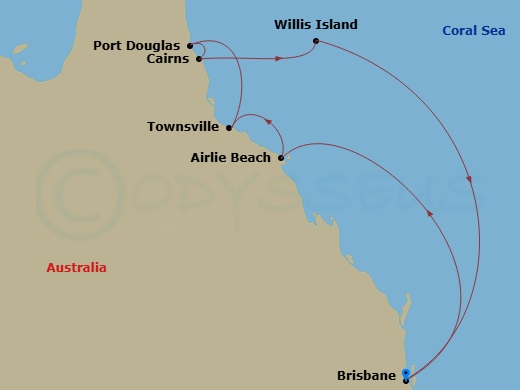 8 Night - Queensland with Great Barrier Reef - Grand Princess - Starting in Brisbane, Australia, Airlie Beach, Australia, Townsville, Australia, Port Douglas, Australia, Cairns, Australia, Willis Island, Australia, Brisbane, Australia itinerary map