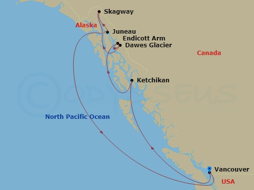 7 Night - Inside Passage (Roundtrip Vancouver) - Discovery Princess - Starting in Vancouver, Canada, Ketchikan, Alaska, Endicott Arm and Dawes Glacier (Scenic Cruising), Alaska, Juneau, Alaska, Skagway, Alaska, Vancouver, Canada itinerary map