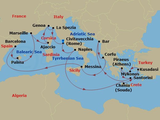 21 Night - The Best of the Mediterranean - Sun Princess - Starting in Civitavecchia (for Rome), Italy, Naples, Italy (for Capri and Pompeii), Crete (Chania), Greece, Kusadasi, Turkey (for Ephesus), Mykonos, Greece, Athens (Piraeus), Greece, Santorini, Greece, Montenegro, Corfu, Greece, Sicily (Messina), Italy, Barcelona, Spain, Mallorca (Palma), Spain, Marseille (Provence), France, Corsica (Ajaccio), France, Genoa (for Cinque Terre), Italy, La Spezia (for Florence / Pisa), Italy, Civitavecchia (for Rome), Italy itinerary map