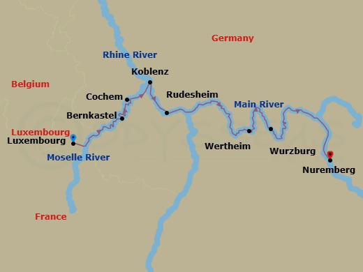 7 Night - Europe's Rivers & Castles - AmaCerto - Starting in Luxembourg, Bernkastel, Cochem, Koblenz, Rudesheim, Wertheim, Wurzburg, Eltmann, Nuremberg itinerary map