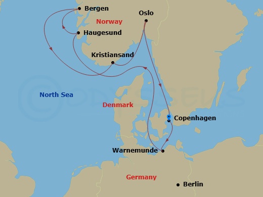 7 Night - Northern Europe - MSC Splendida - Starting in Copenhagen, Denmark, Warnemunde (Berlin), Germany, Haugesund, Norway, Bergen, Norway, Kristiansand, Norway, Oslo, Norway, Copenhagen, Denmark itinerary map