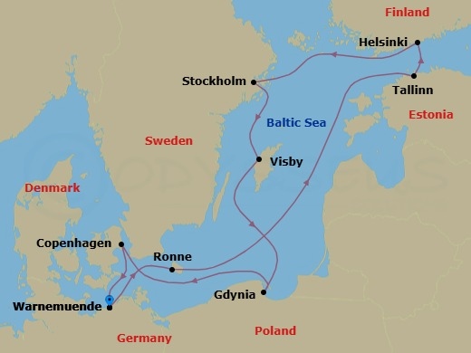 11 Night - Northern Europe - MSC Splendida - Starting in Warnemunde (Berlin), Germany, Ronne, Denmark, Tallinn, Estonia, Helsinki, Finland, Stockholm, Sweden, Visby, Sweden, Gdynia (Gdansk), Poland, Copenhagen, Denmark, Warnemunde (Berlin), Germany itinerary map