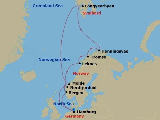 14 Night - Northern Europe - MSC Preziosa - Starting in Hamburg, Germany, Bergen, Norway, Molde, Norway, Longyearbyen (Spitsbergen), Svalbard, Honningsvag (North Cape), Norway, Tromso, Norway, Leknes, Norway, Nordfjordeid, Norway, Hamburg, Germany itinerary map