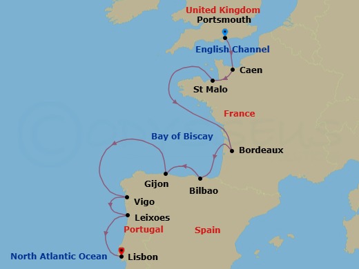 11 Night - France, Spain & Portugal Cruise : Bordeaux, Bilbao & Porto - Azamara Quest - Starting in Portsmouth UK, Caen, Saint-malo, Bordeaux, Bilbao, Gijon, Spain, Vigo, Porto (Leixoes), Lisbon itinerary map
