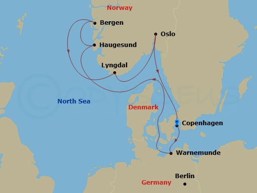 7 Night - Northern Europe - MSC Magnifica - Starting in Copenhagen, Denmark, Warnemunde (Berlin), Germany, Haugesund, Norway, Bergen, Norway, Lyngdal, Norway, Oslo, Norway, Copenhagen, Denmark itinerary map