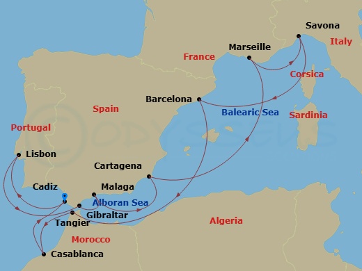 13 Night - Mediterranean Roundtrip from Cadiz - Costa Diadema - Starting in Cadiz, Spain, Lisbon, Portugal, Gibraltar (UK), Malaga, Spain, Cartagena ES, Spain, Marseilles, France, Savona, Italy, Barcelona, Spain, Tangier, Morocco, Casablanca, Morocco, Cadiz, Spain itinerary map