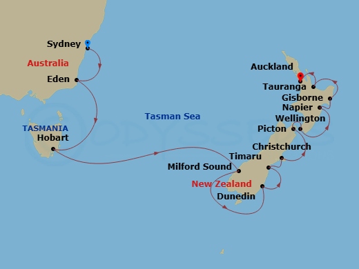 15 Night - Australia & New Zealand Cruise : Hobart, Wellington & Tauranga - Azamara Pursuit - Starting in Sydney AU (White Bay), Australia, Eden, Hobart, Tasmania, Milford Sound, Dunedin, Timaru, Christchurch, Picton, Wellington, Napier, Gisborne, Tauranga, Auckland itinerary map