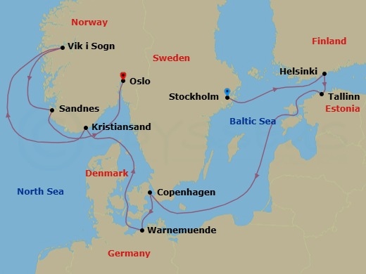 10 Night - Northern Europe - MSC Splendida - Starting in Stockholm, Sweden, Helsinki, Finland, Tallinn, Estonia, Copenhagen, Denmark, Warnemunde (Berlin), Germany, Kristiansand, Norway, Vik I Sogn, Norway, Sandnes, Norway, Oslo, Norway itinerary map