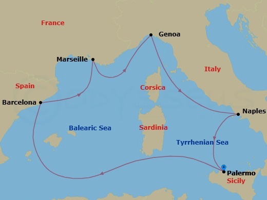 6 Night - Mediterranean - MSC Seashore - Starting in Palermo (Monreale), Italy, Barcelona, Spain, Marseille (Provence), France, Genoa (Portofino), Italy, Naples (Pompeii), Italy, Palermo (Monreale), Italy itinerary map