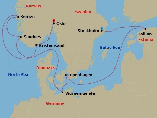 9 Night - Northern Europe - MSC Splendida - Starting in Stockholm, Sweden, Tallinn, Estonia, Copenhagen, Denmark, Warnemunde (Berlin), Germany, Sandnes, Norway, Bergen, Norway, Kristiansand, Norway, Oslo, Norway itinerary map