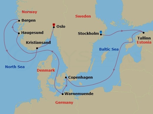 9 Night - Northern Europe - MSC Splendida - Starting in Stockholm, Sweden, Tallinn, Estonia, Copenhagen, Denmark, Warnemunde (Berlin), Germany, Haugesund, Norway, Bergen, Norway, Kristiansand, Norway, Oslo, Norway itinerary map