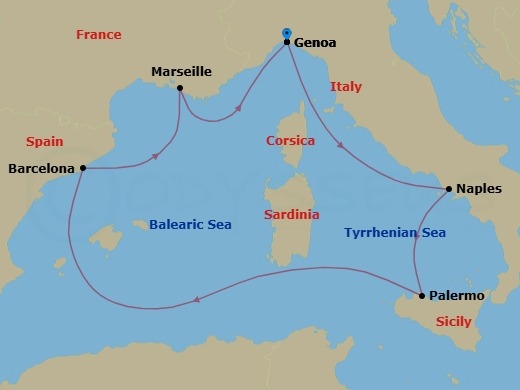 6 Night - Mediterranean - MSC Seashore - Starting in Genoa (Portofino), Italy, Naples (Pompeii), Italy, Palermo (Monreale), Italy, Barcelona, Spain, Marseille (Provence), France, Genoa (Portofino), Italy itinerary map