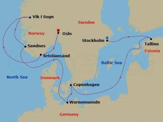 9 Night - Northern Europe - MSC Splendida - Starting in Stockholm, Sweden, Tallinn, Estonia, Copenhagen, Denmark, Warnemunde (Berlin), Germany, Sandnes, Norway, Vik I Sogn, Norway, Kristiansand, Norway, Oslo, Norway itinerary map