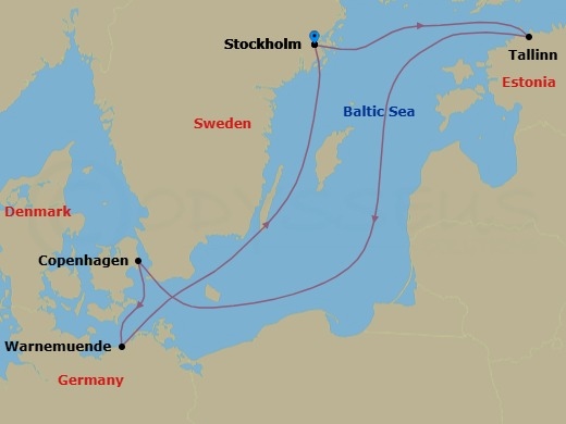 6 Night - Northern Europe - MSC Splendida - Starting in Stockholm, Sweden, Tallinn, Estonia, Copenhagen, Denmark, Warnemunde (Berlin), Germany, Stockholm, Sweden itinerary map
