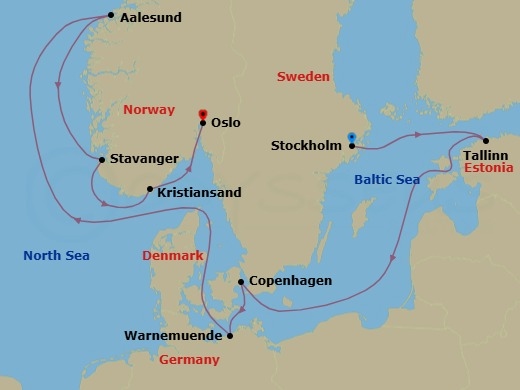9 Night - Northern Europe - MSC Splendida - Starting in Stockholm, Sweden, Tallinn, Estonia, Copenhagen, Denmark, Warnemunde (Berlin), Germany, Alesund, Norway, Stavanger (Lysefijord), Norway, Kristiansand, Norway, Oslo, Norway itinerary map
